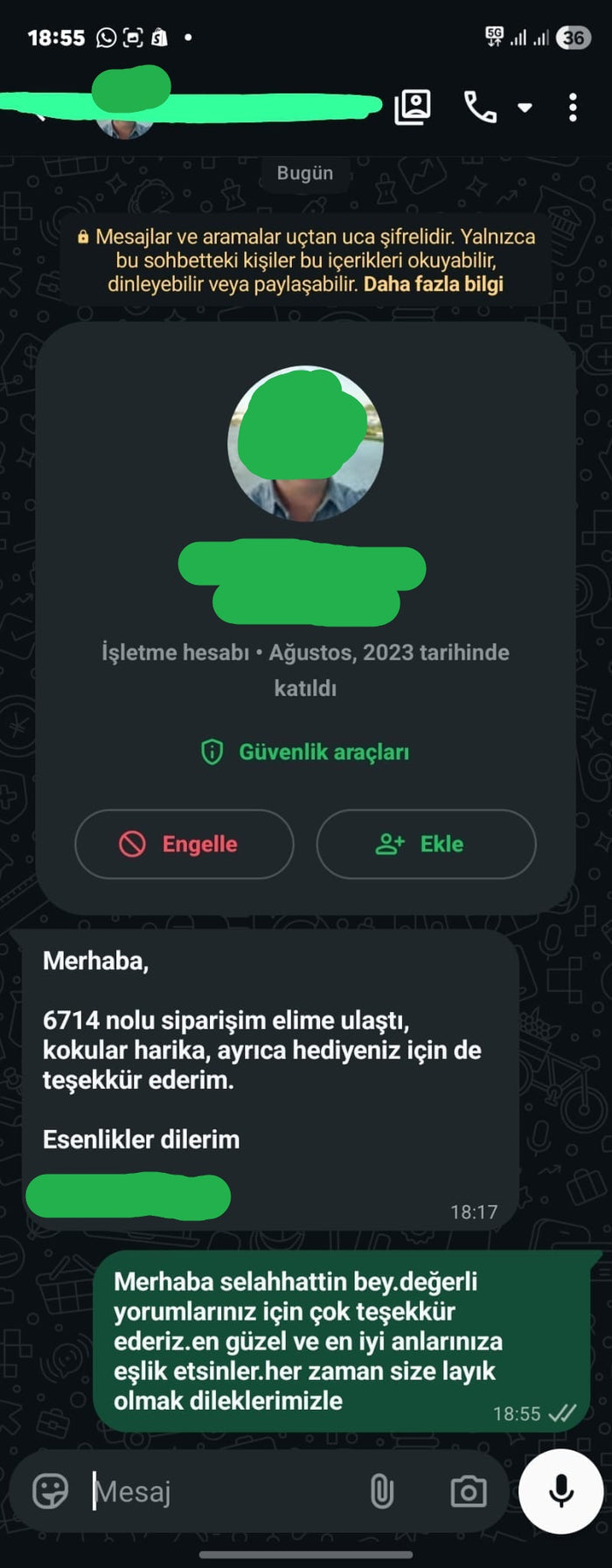 Müşteri WhatsApp yazışması