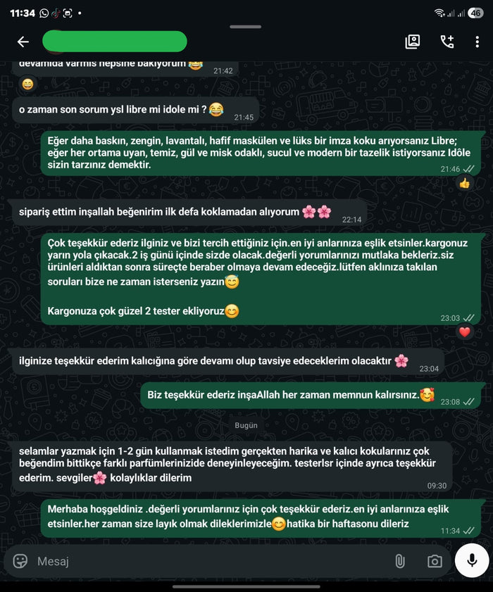Müşteri WhatsApp yazışması