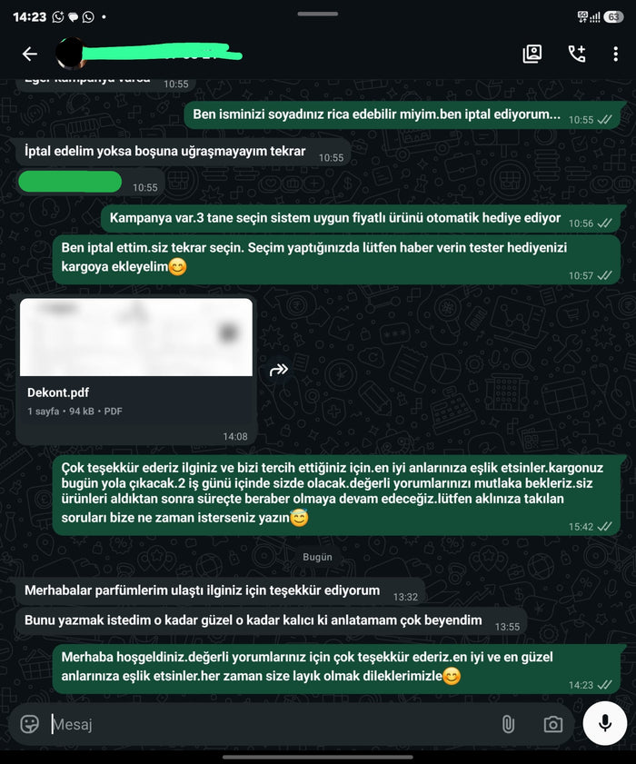 Müşteri WhatsApp yazışması