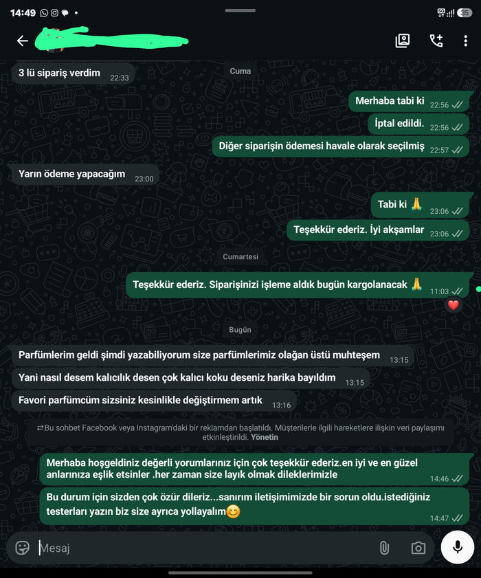 Müşteri WhatsApp yazışması